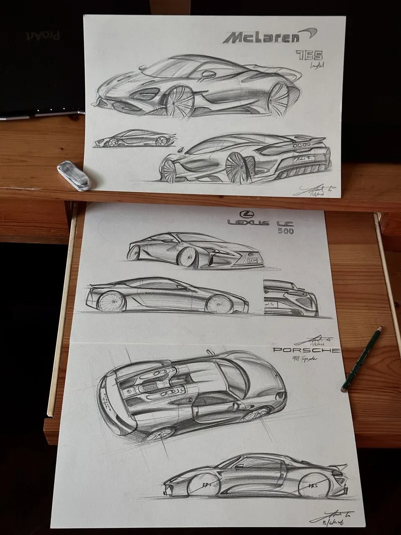 Pencil car design sketches — McLaren, Lexus, Porsche